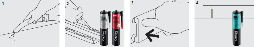Nakładanie kleju montażowego na listwę przypodłogową